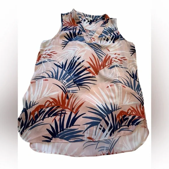Laura Palm Leaf Sleeveless Pullover V Neck Top - Navy/Rust-Size 12 - Picture 1 of 7